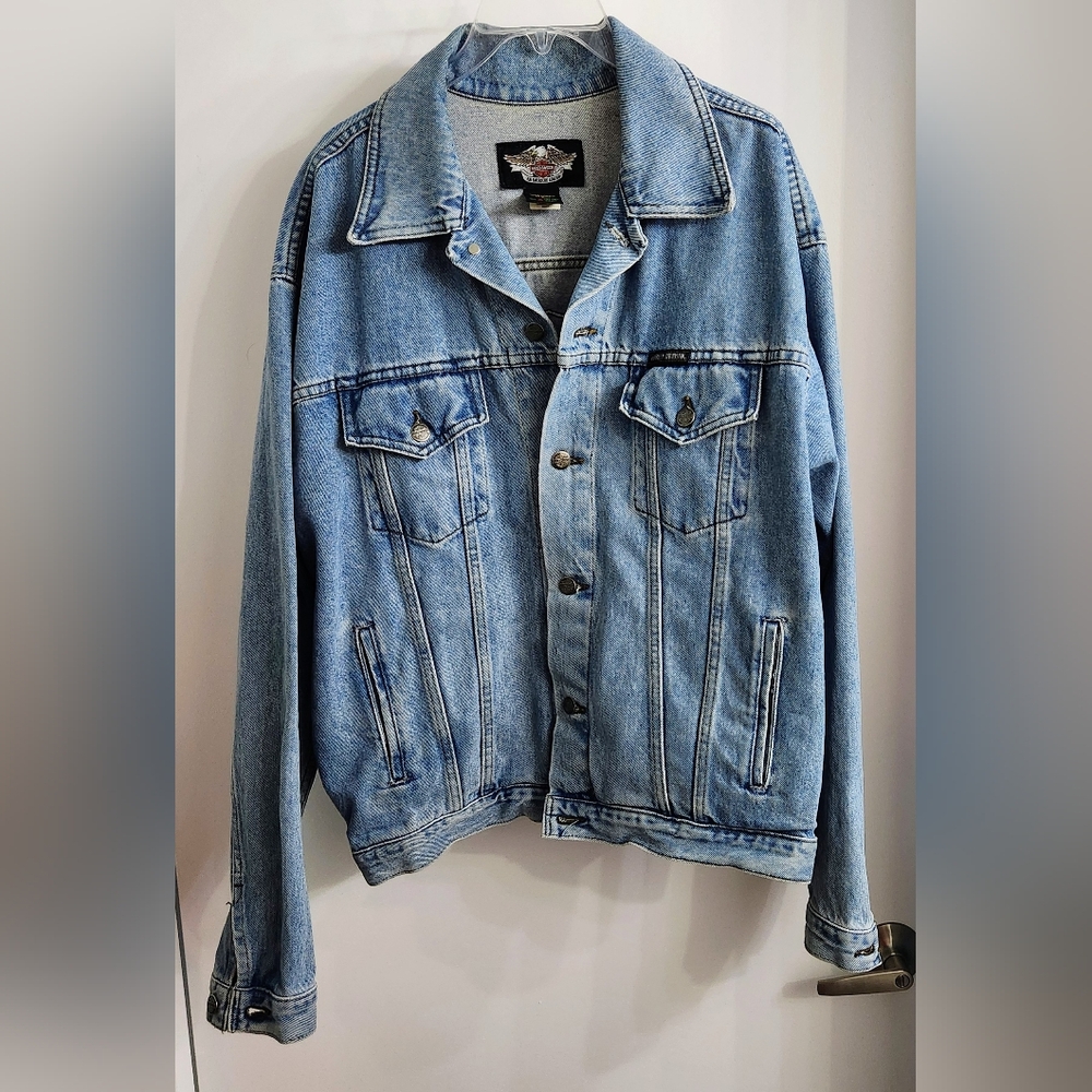 Mens Harley-Davidson Jean/Denim Jacket Bar/Shield Back Piece Leather Patch VGC